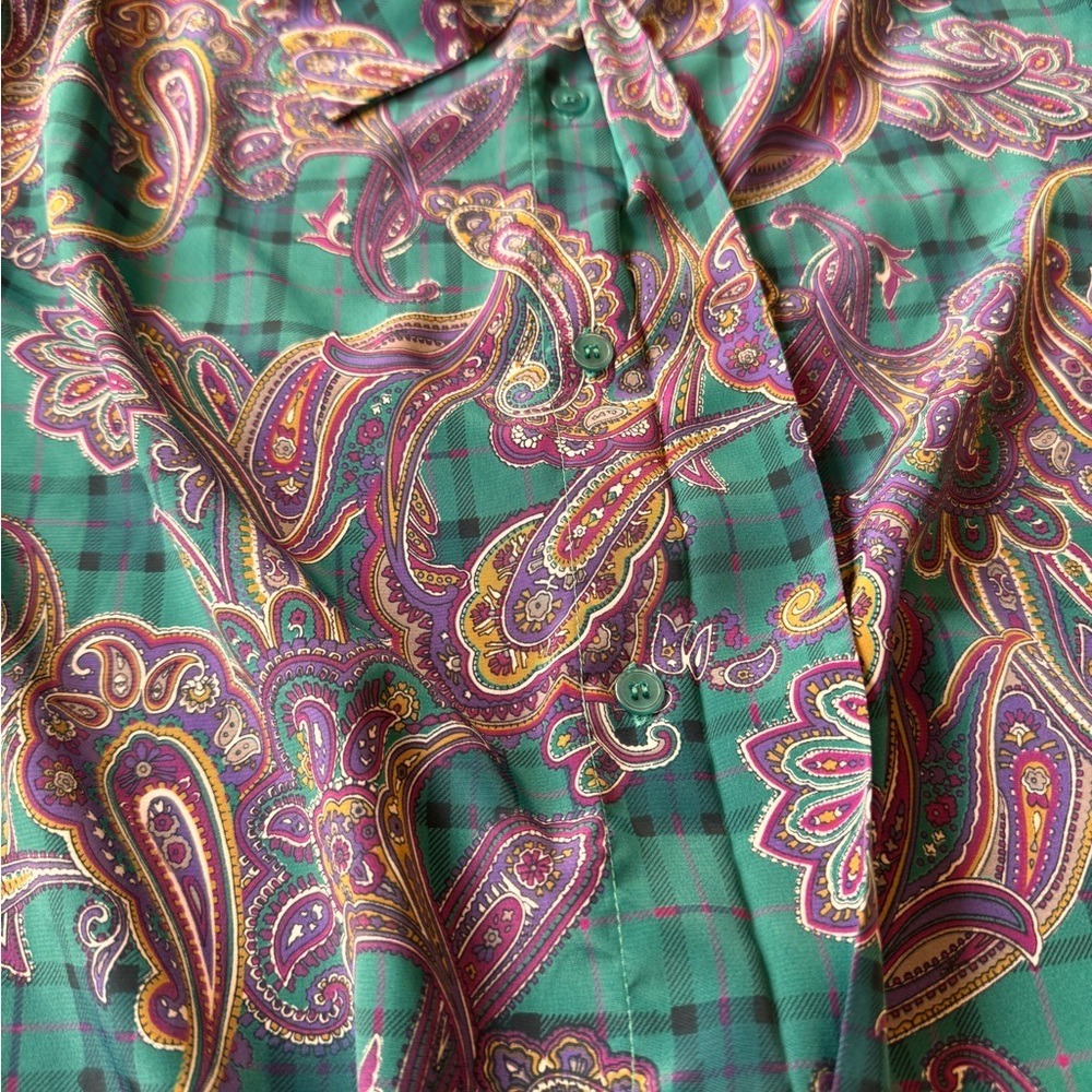 Alfred Dunner Satin Paisley Blouse Green Purple Bow Tie Vintage Top Sz 8 - Picture 10 of 12